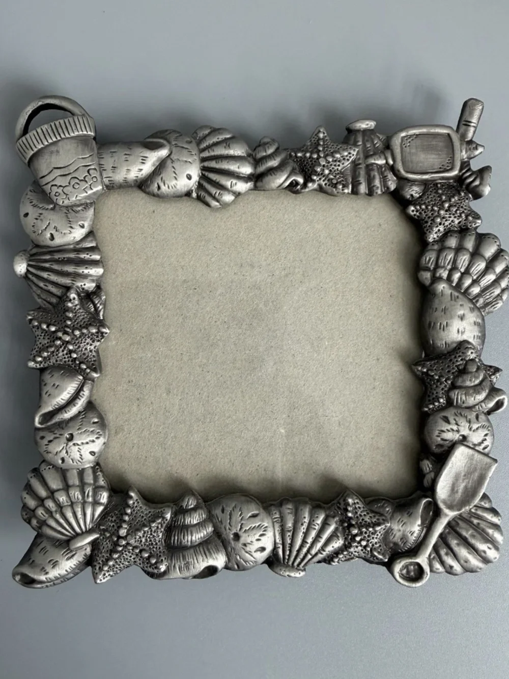 Pewter Beach Coastal Photo Frame 3 x 3 Seashell Starfish Snorkel Bucket Glass